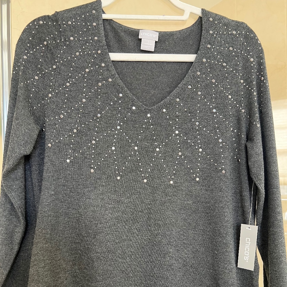 Chicos Grey studded V-Neck Sweater NEW WITH TAGS !! Quick shipping